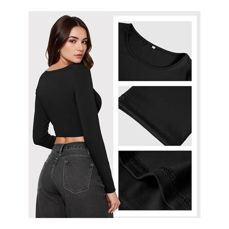 Womens Long Sleeve Crop Top Scoop Neck Sexy Slim Fitted Casual Base Layer Lightweight Soft Workout Shirt Going Out Tops
