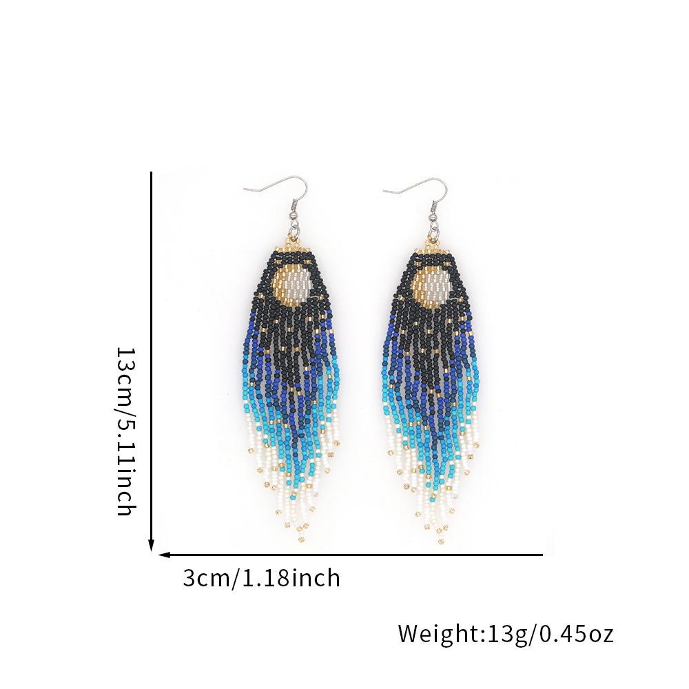 Beaded Tassel Earrings — Moon Motif, Woven Seed Beads | Women's Fashionable Commute-Style Earwear | Light Luxury, High-End Aesthetic
