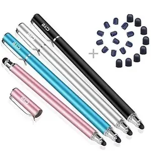 4 Pack Capacitive Metal Stylus Pen with Grip - 2-in-1 Dual Rubber Tip Touch Screen Accessory, 20 Replaceable Tips, Universal for iPhone, iPad, Android Tablets, Smartphone Drawing Writing