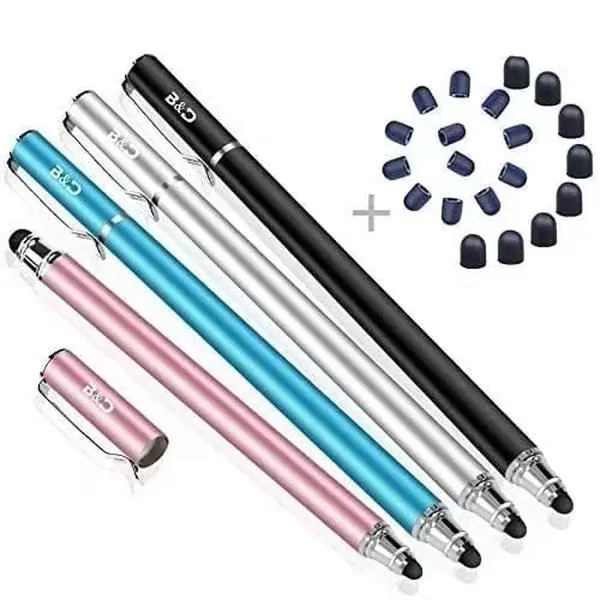 4 Pack Capacitive Metal Stylus Pens with Grip - 2-in-1 Dual Smooth Rubber Tip Touch Screen Accessories, 20 Replaceable Tips, Universal for iPhone, iPad, Android Devices for Drawing, Writing