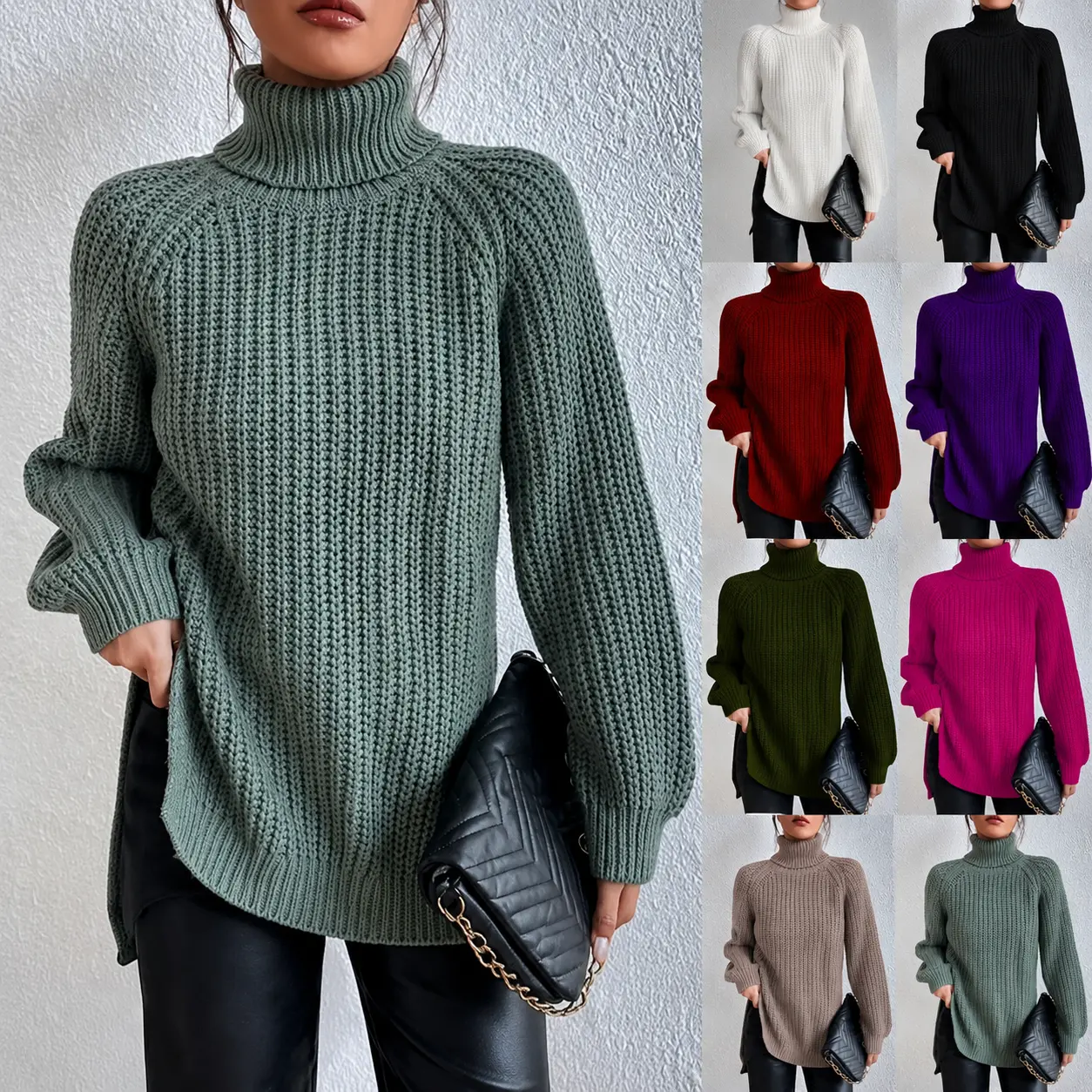Women’s Soft Chunky Knit Turtleneck Sweater – Longline Raglan Sleeve Pullover with High Fold-Over Neck and Side Slits, Cozy Relaxed Winter Tunic Top for Casual, Travel and Everyday Wear
