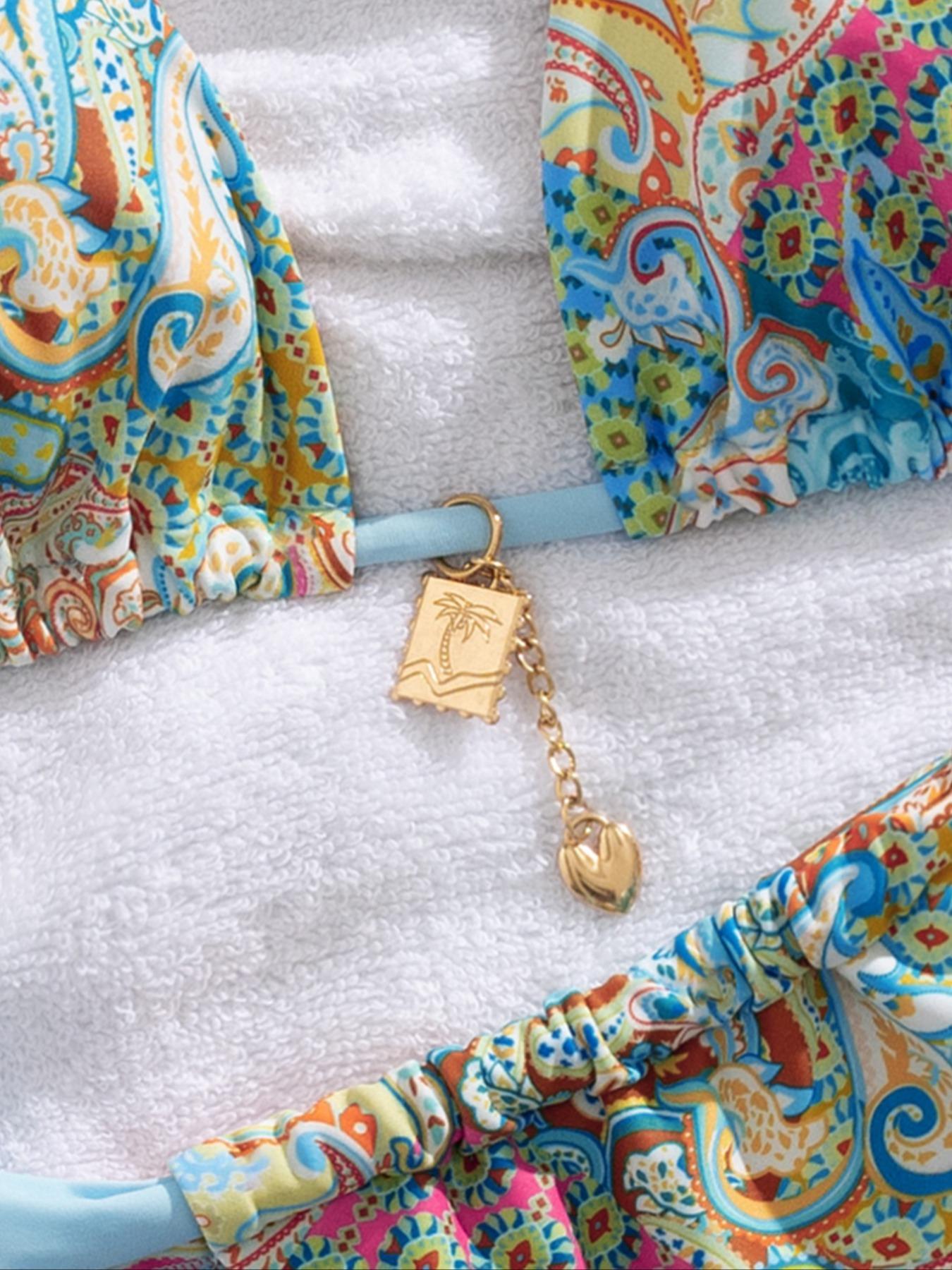 Women's Patchwork Print Bikini Set, Casual Adjustable Strap Tie Back Swim Top & Swim Bottom, Women's Swimsuit for Summer Beach Holiday Vacation, Patchwork Bikini Sets