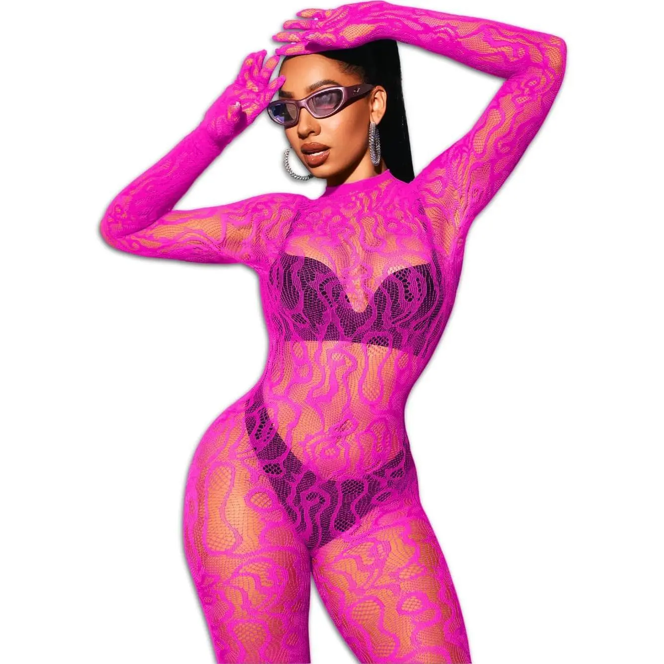 Women Sexy Fishnet Full Bodysuit, Mesh Lace Poster Jumpsuit Glow Party Rave Outfits, Body Stockings Halloween Costume