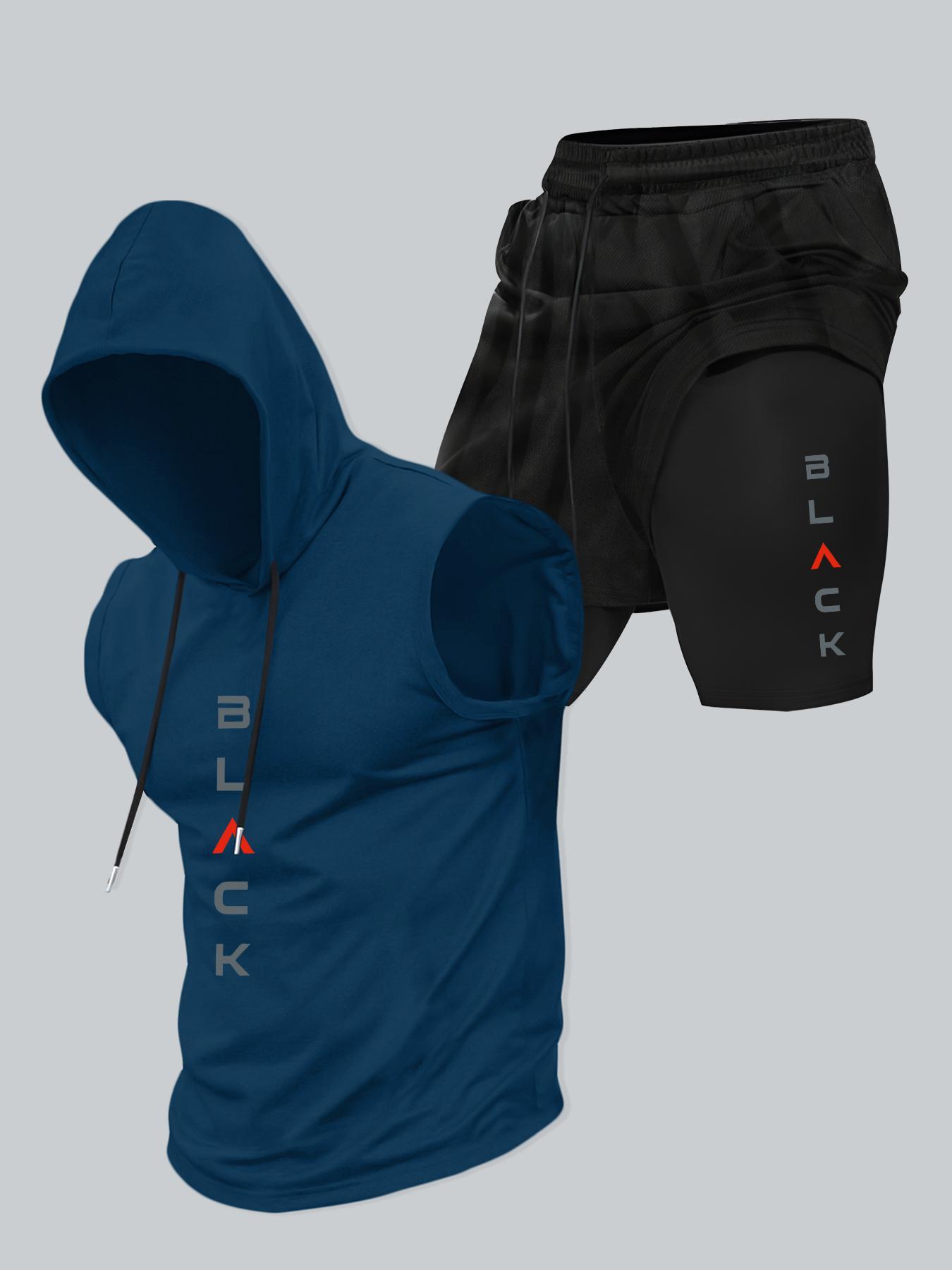 Two-Piece Set Men's Hooded Tank Top & Shorts Set, Regular Fit Casual Pullover Hoodie & Shorts, Men's Two-piece Outfits for Daily Wear, Casual Gym Wear