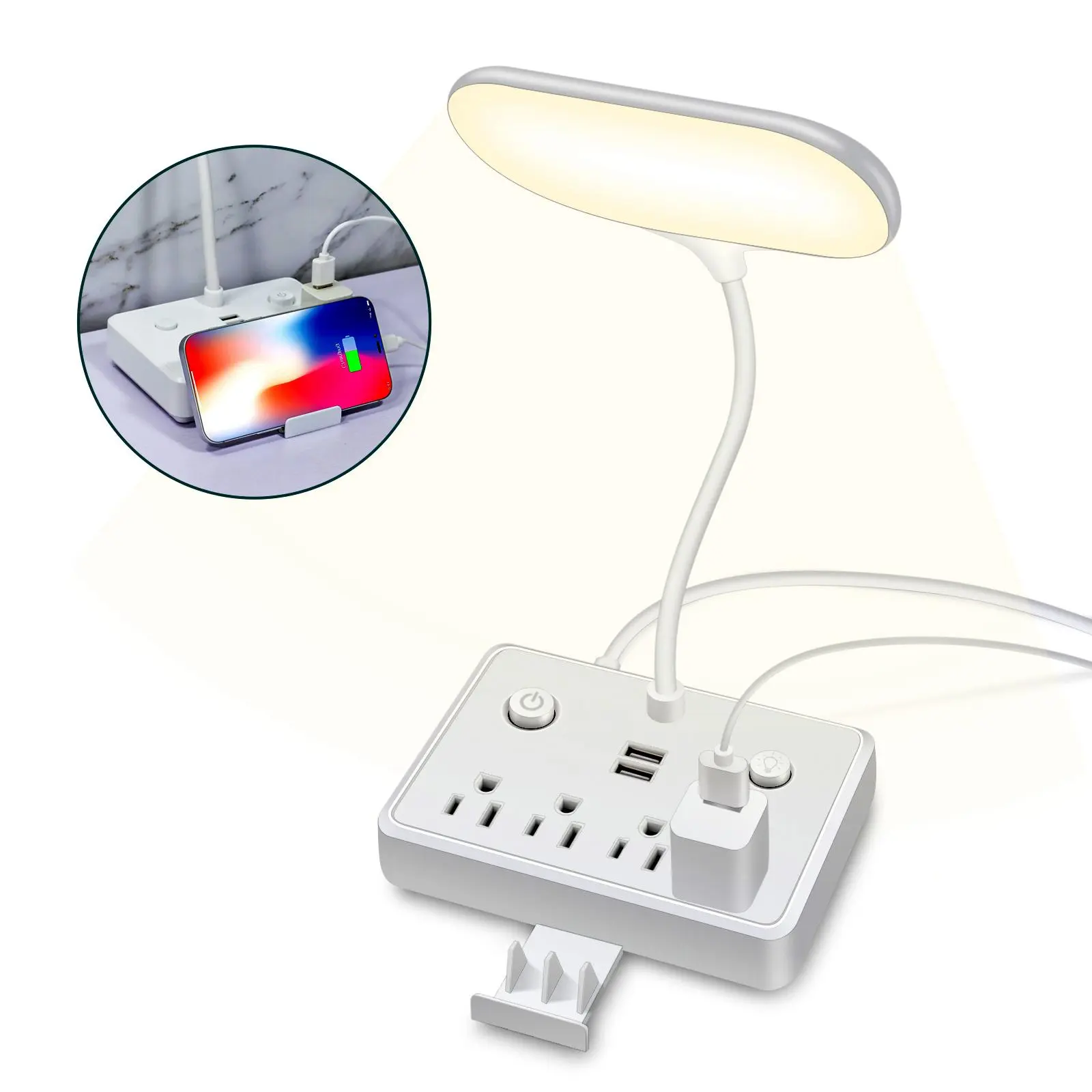 Power Strip Desk Lamp,Multi-Functional Night Light with 4 AC Outlets & 2 USB Ports, Power Strip Desk Lamp, LED Reading Light, Study Lamp, Direct Phone Charging, 3 Lighting Modes, Adjustable Brightness