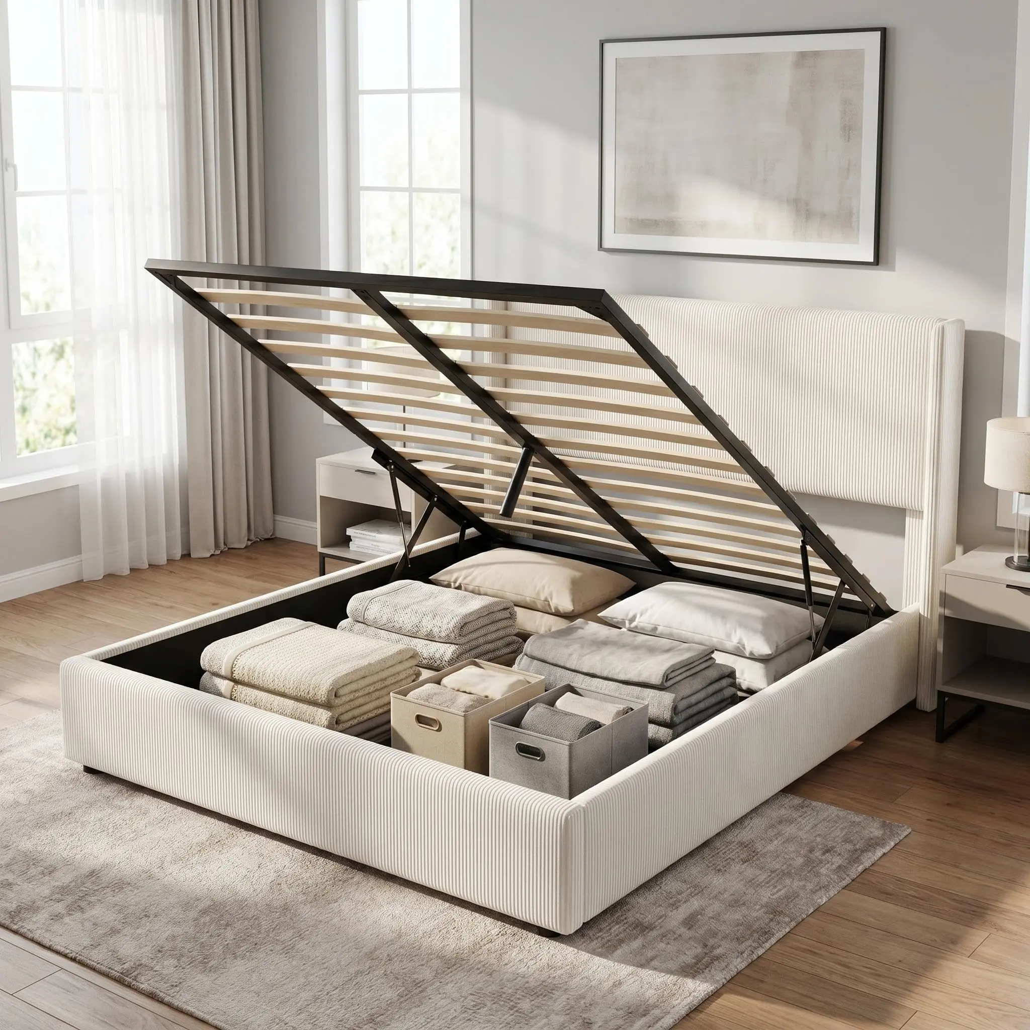Lift Up Storage Bed Frame Full Size - Corduroy Upholstered Platform - Gas Lift Mechanism - Padded Headboard - Wooden Slats Support - No Box Spring Needed - Easy Assembly - White