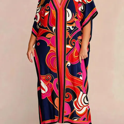 Plus All Over Print Batwing Sleeve V Neck Multicolor Kaftan Dress, Summer Clothes Women, Comfort Womenswear, Boho Casual Half Sleeve Cover Up Dress for Summer Holiday Vacation, Women's Clothing for Beach Wear, Bohemian Casual Trendy