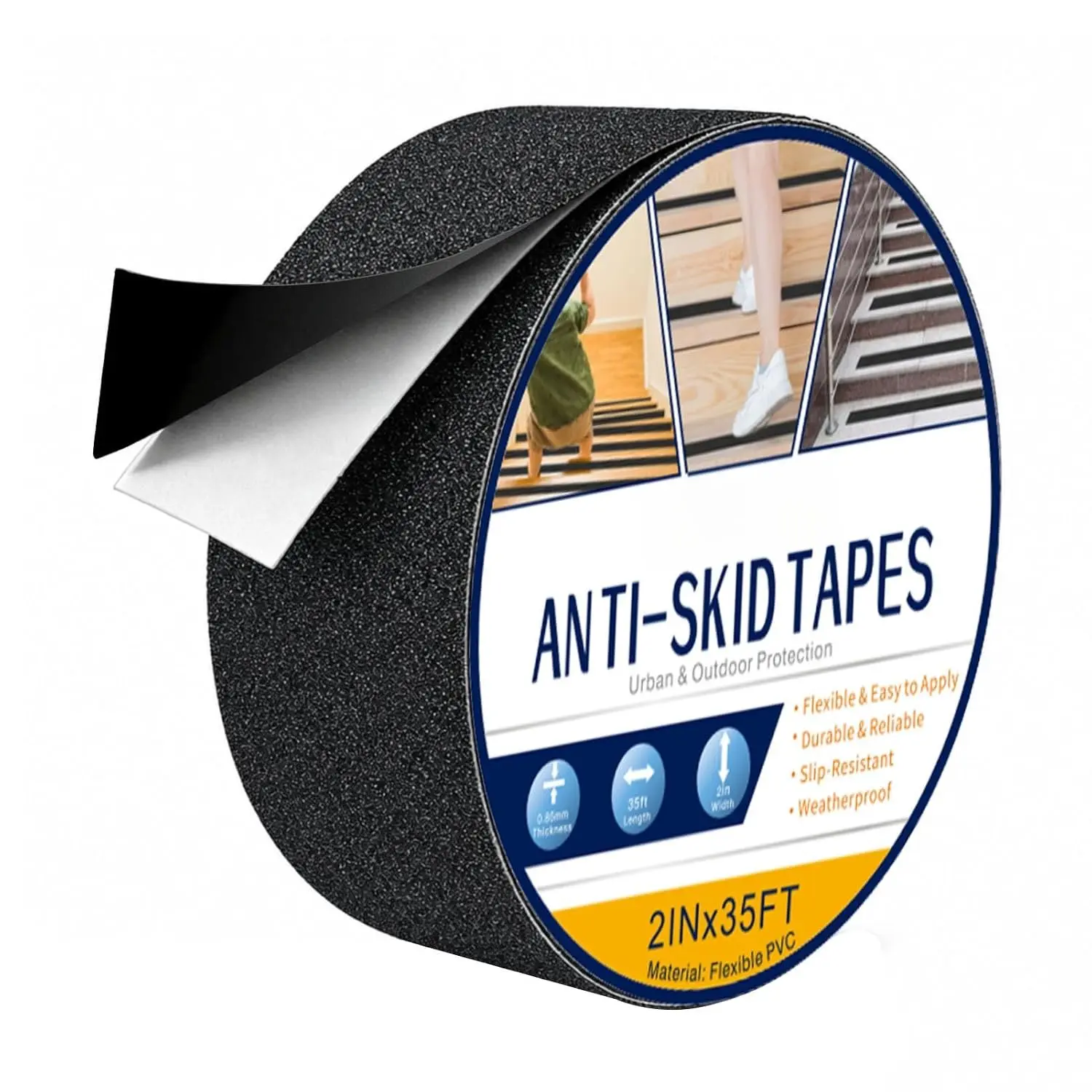 Black Anti-Slip Stair Treads Tape,2" x35FT Heavy Duty PVC Non-Skid Grip Tape for Wooden Steps, Indoor/Outdoor Stairs, Pool Decks - Peel & Stick  Safety Traction