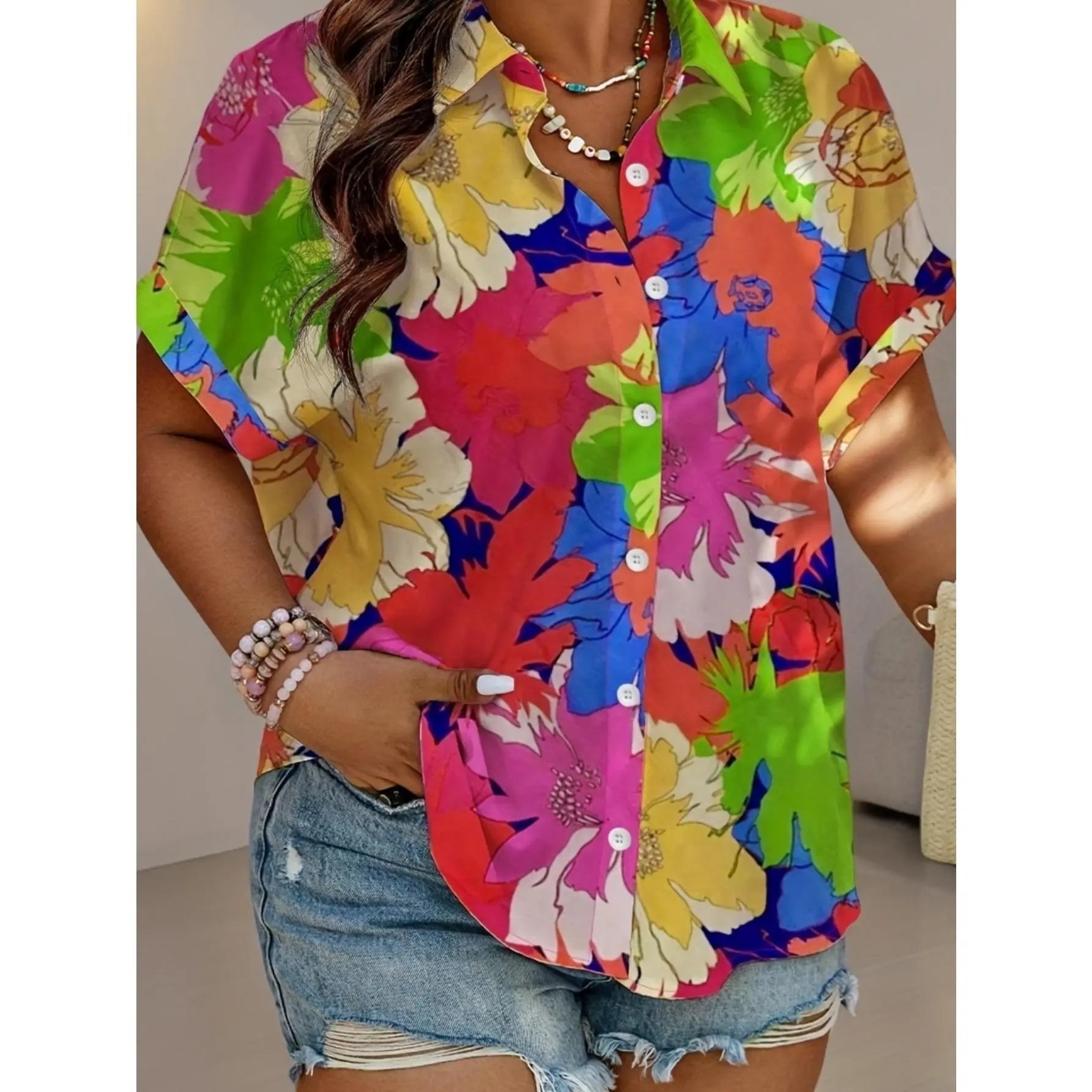 Plus Size, Plus Size Loose Fit Hawaiian Leaf Print Shirt, Perfect for Vacation Wear