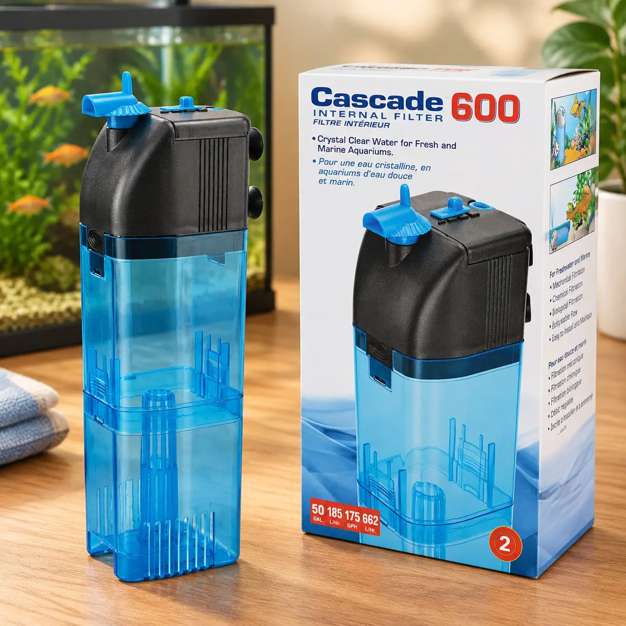Cascade 600 Fully Submersible Internal Filter – Provides Physical, Biological, and Chemical Filtration for Aquariums and Turtle TanksGift