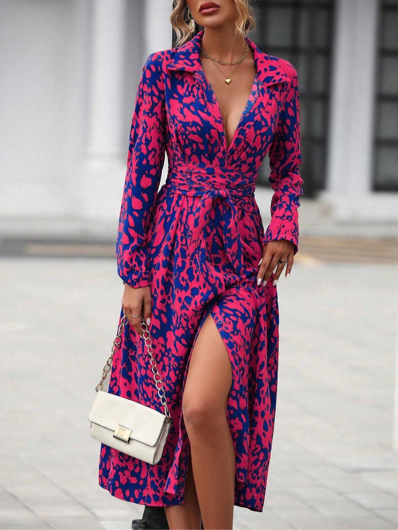 Women's Spring Autumn Elegant Boho Geometric Tie Dye Print Button Front Belt Midi Dress, Long Sleeve Fitted Design, Multiple Color Options