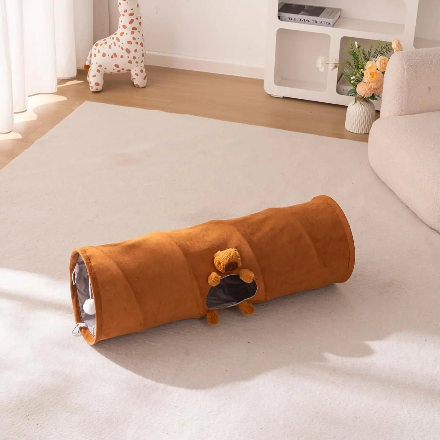 Tunnels for Indoor Cats Straight Capybara Plush Peekaboo  Tunnel  Collapsible Suede  Tunnel Tube for Kittens Play , 31.5" L