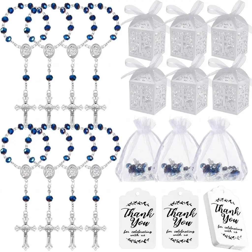 12 Packs Blue Catholic Rosary Beads with Cross, First Communion Baptism Favors, Traditional Rosary Gifts with Favor Boxes, Organizer