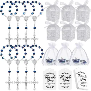12 Packs Blue Catholic Rosary Beads with Cross, First Communion Baptism Favors, Traditional Rosary Gifts with Favor Boxes, Organizer