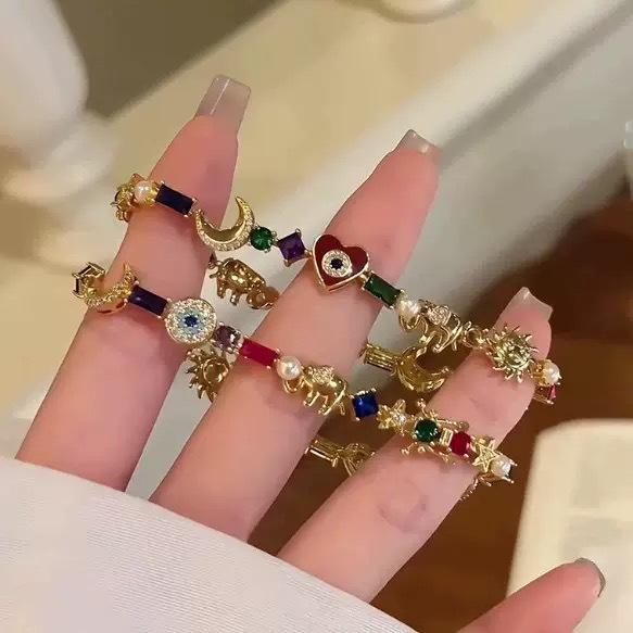 Gold-Plated Pendant Bracelet for Women Devil's Eye Lucky Elephant Moon Star Colorful Zircon Bohemian Style Jewelry Gift for Her 0.2g Lightweight Accessory