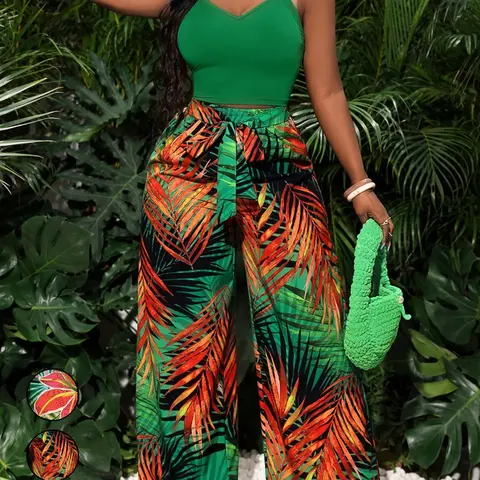 Women's 2-Piece Boho Casual Vacation Slim Fit Elastic Sleeveless Camisole Top and Loose Tropical Floral Print Wide Leg Pants Set Summer Vacation Holiday Style, Comfortable and Stylish for Daily Relaxing, Perfect for Travel and Leisure