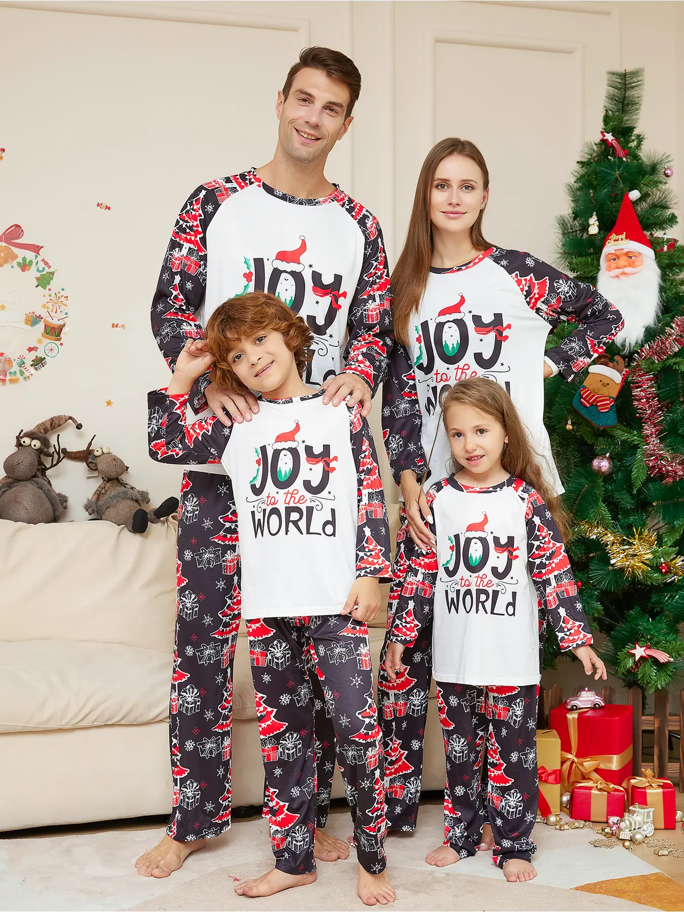 Christmas Hat Letter Print Family of Four Matching Pajamas Set, Long Sleeve Top & Long Pants Loungewear Two-Piece Outfit with Red Contrast Trim, Soft Skin-Friendly Breathable Knit Fabric. Ideal for Christmas Family Photoshoots, Holiday Party Outfits, Dail