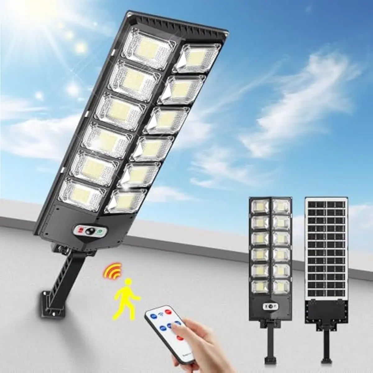 Solar Street Lights Outdoor, Waterproof Motion Sensor Security Wall Lamp with Remote Control, 3 Lighting Modes Super Bright Solar Powered Flood Light for Garden Yard Porch Decor