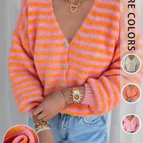 Women's Colorblock Striped Cute Knit Cardigan, Soft V-Neck Long Sleeve Single-Breasted Loose Knitwear, Daily Commute & Casual Wear