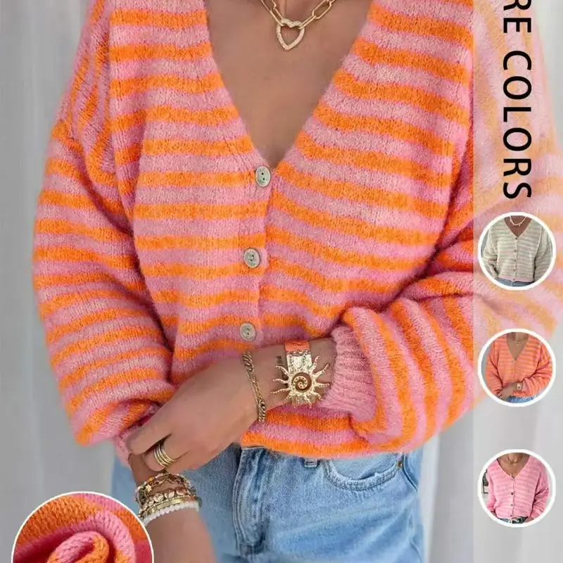 Women's Colorblock Striped Cute Knit Cardigan, Soft V-Neck Long Sleeve Single-Breasted Loose Knitwear, Daily Commute & Casual Wear