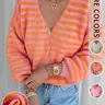 Women's Colorblock Striped Cute Knit Cardigan, Soft V-Neck Long Sleeve Single-Breasted Loose Knitwear, Daily Commute & Casual Wear
