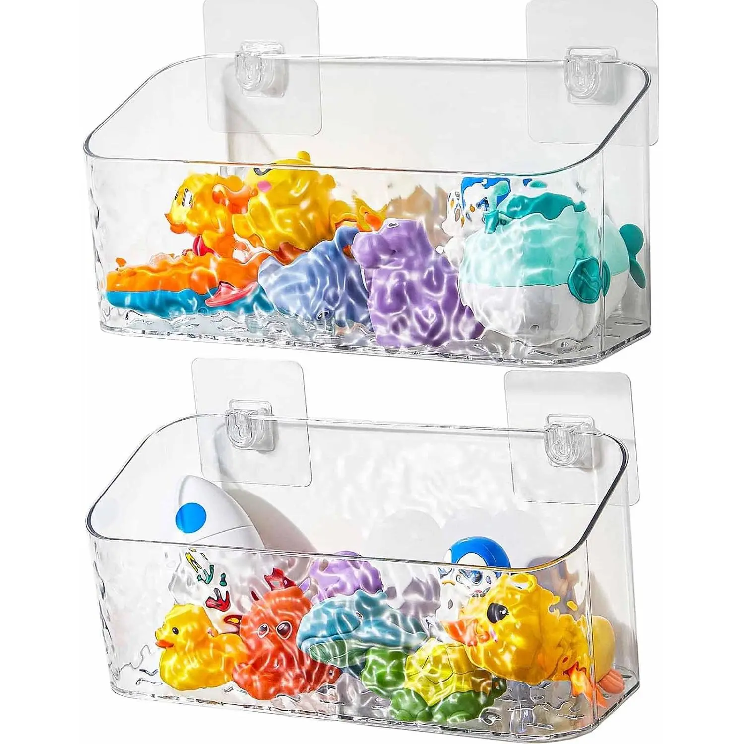 2-Pack Wave Bath Toy Storage Organizer - Large Capacity, No-Drill Wall-Mounted Shower Caddy with Transparent Removable Basket, Easy Installation, Stainless