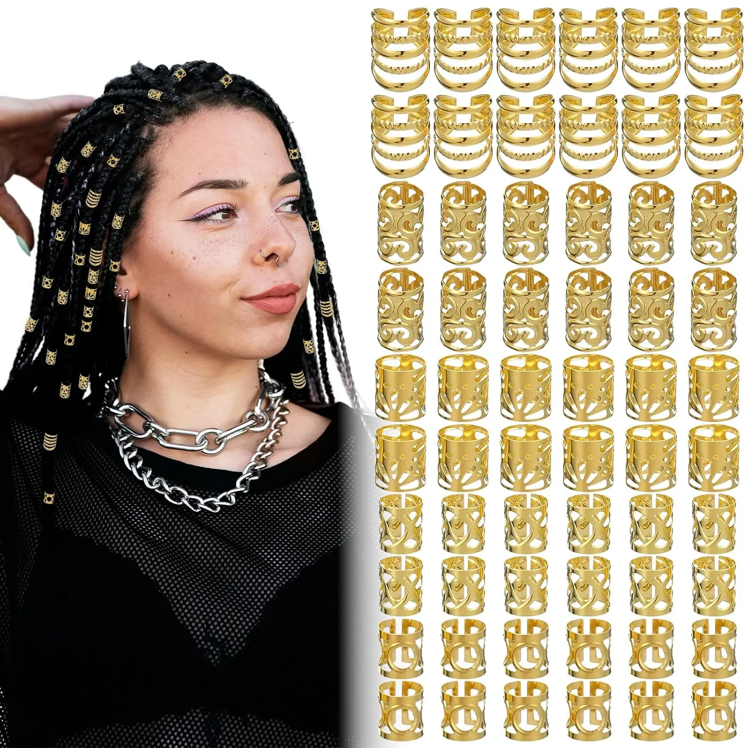100 count  Hair Cuffs Charms Rings for Braids,  Hair  Accessories Adjustable Loc  Dreadlocks Braid Clips Decorations for Black Women Men Festival Pirate