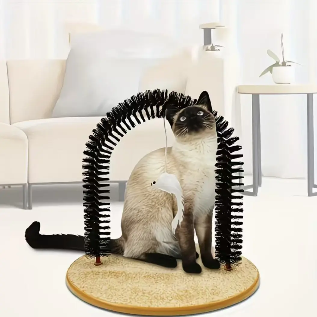 Cute Cat Arch Groomer with Hanging Mouse Toy, Self-Service Cat Brush Massager, Fun Scratching and Rubbing Station for Indoor Cats