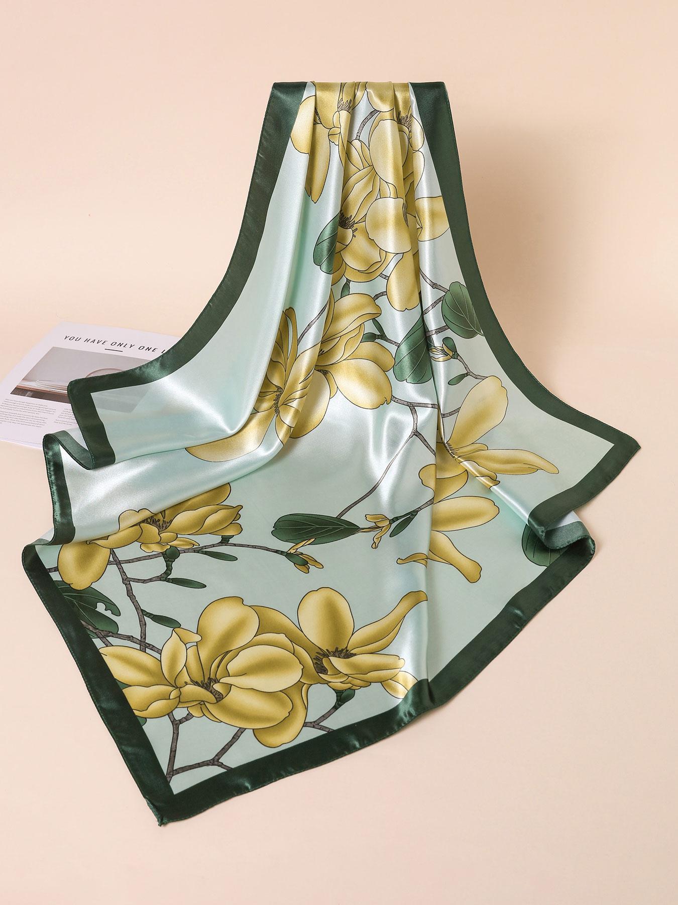 Women's Floral Print Square Scarf, Fashionable Soft Lightweight Scarf for All Seasons, Casual Versatile Scarf for Women, Boho Style Scarf