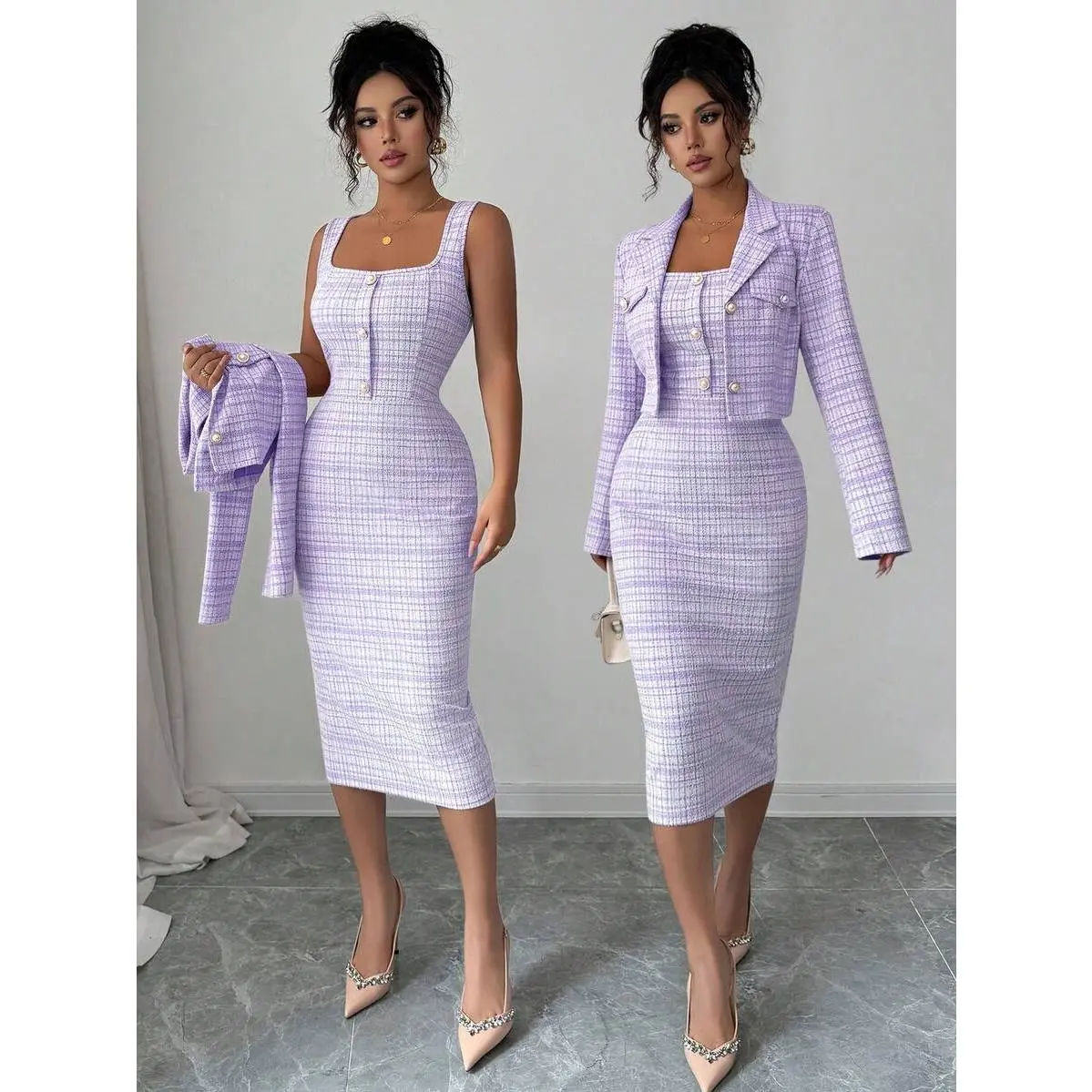 Women's Formal 2-Piece Dress Set - Elegant Striped Tweed-Style Long Sleeve Knit Top Blazer with Pearl Buttons, Slim Fit Stretch Dress for Office OOTD, Elastane-Polyester Blend Fabric, Regular Fit