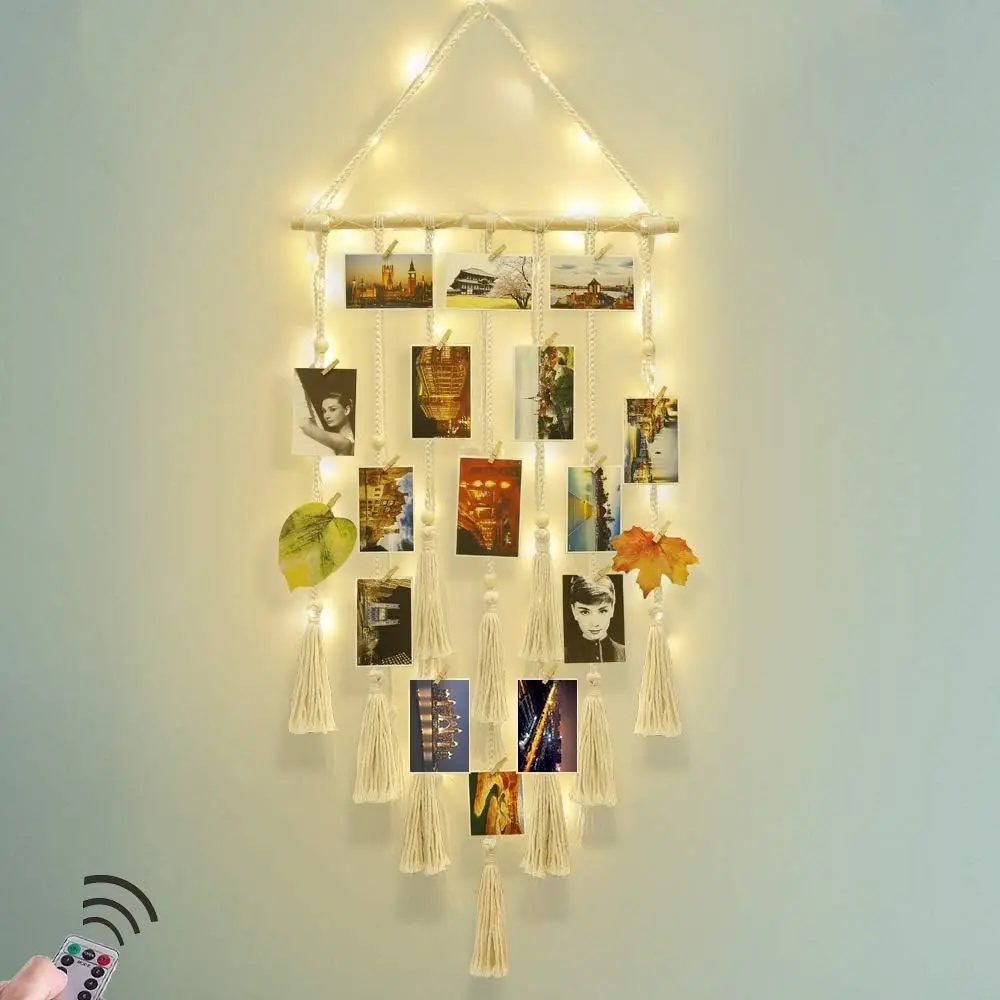 Hanging Photo Display Wall Decor, Macrame Boho Room Bedroom Decor, Picture Frame Collage Board with 30 Clips and Lights, Christmas Gifts for Teen Girls Ages 10-14Gift