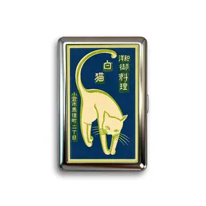 Vintage Japanese Cat Cigarette Case, Retro Blue Green Metal Card Holder, Portable Stainless Steel Pocket Storage Box