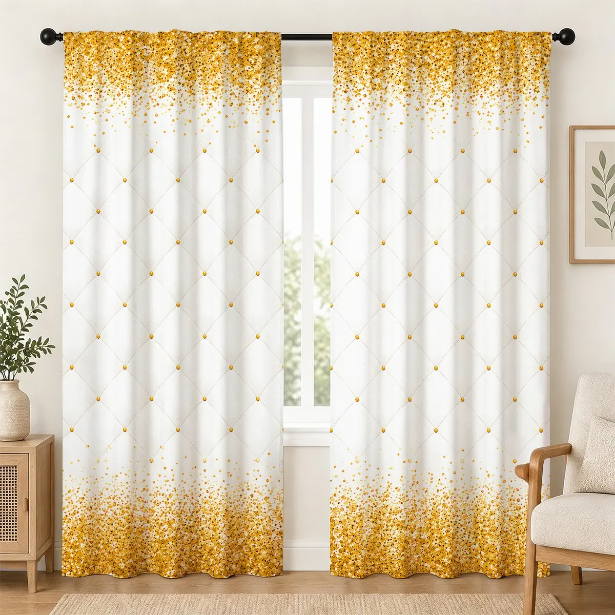 Gold Glitter Diamond Grid Printed Curtains 2 Panels, Gradient Confetti Dot Washable Polyester Window Curtains