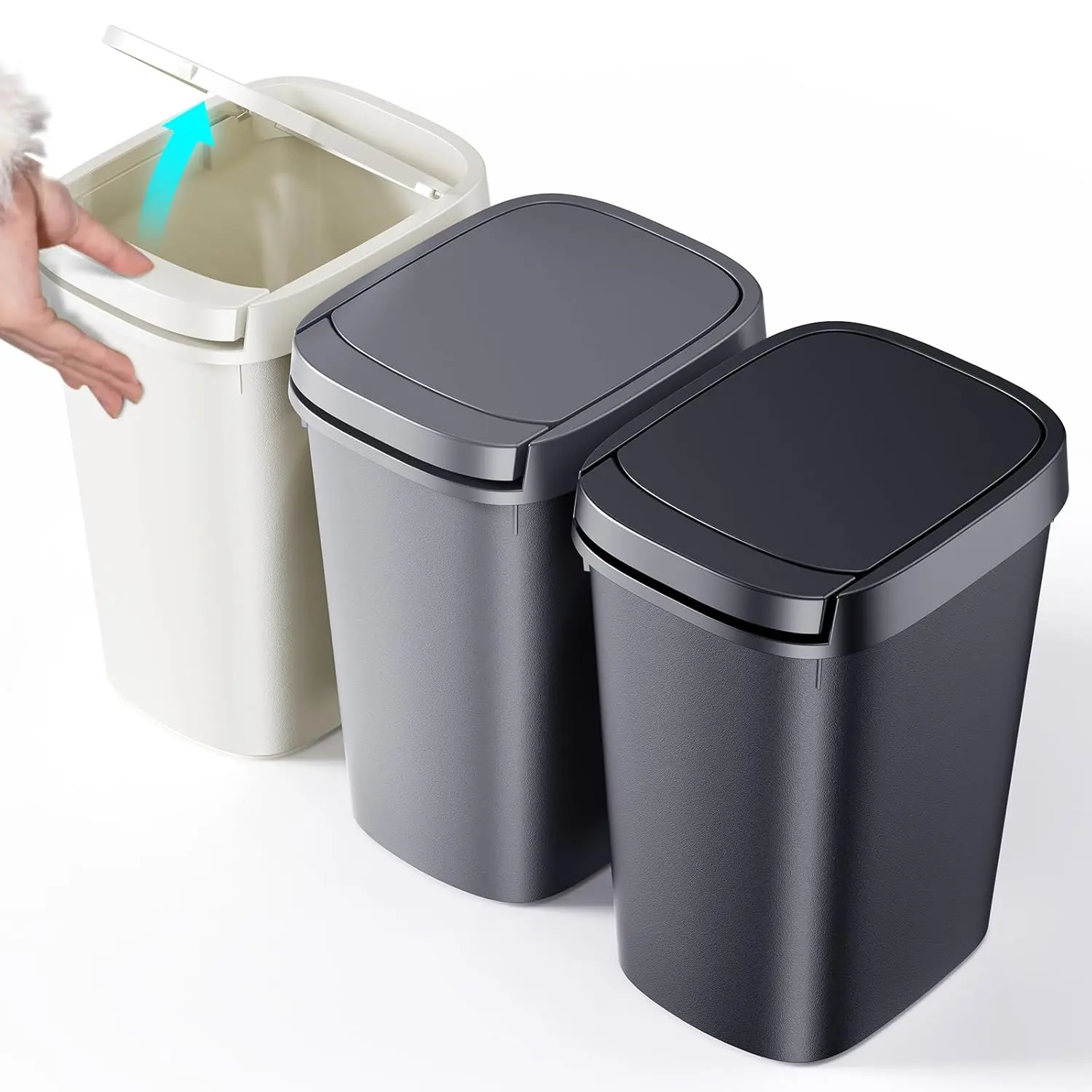 3 Pack Bathroom Trash Can with Lid, 10L/2.6 Gal Small Garbage Can with Press Top Lid, Slim Plastic  Basket for Toilet, Office, Bedroom (Muti 1)