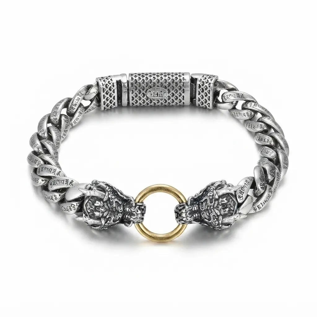 Men's 925 Sterling Silver Double Dragon Head Bracelet - Chunky Curb Chain, Vintage Punk Statement Jewelry, Male Wear Accessory, Gift Item