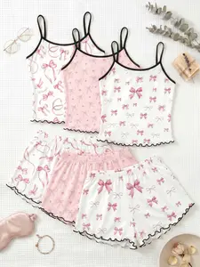 3-Piece Women's Sleepwear Set, Tank Tops & Shorts, Butterfly Print, Slim-Fit, All-Seasons, Comfortable Home