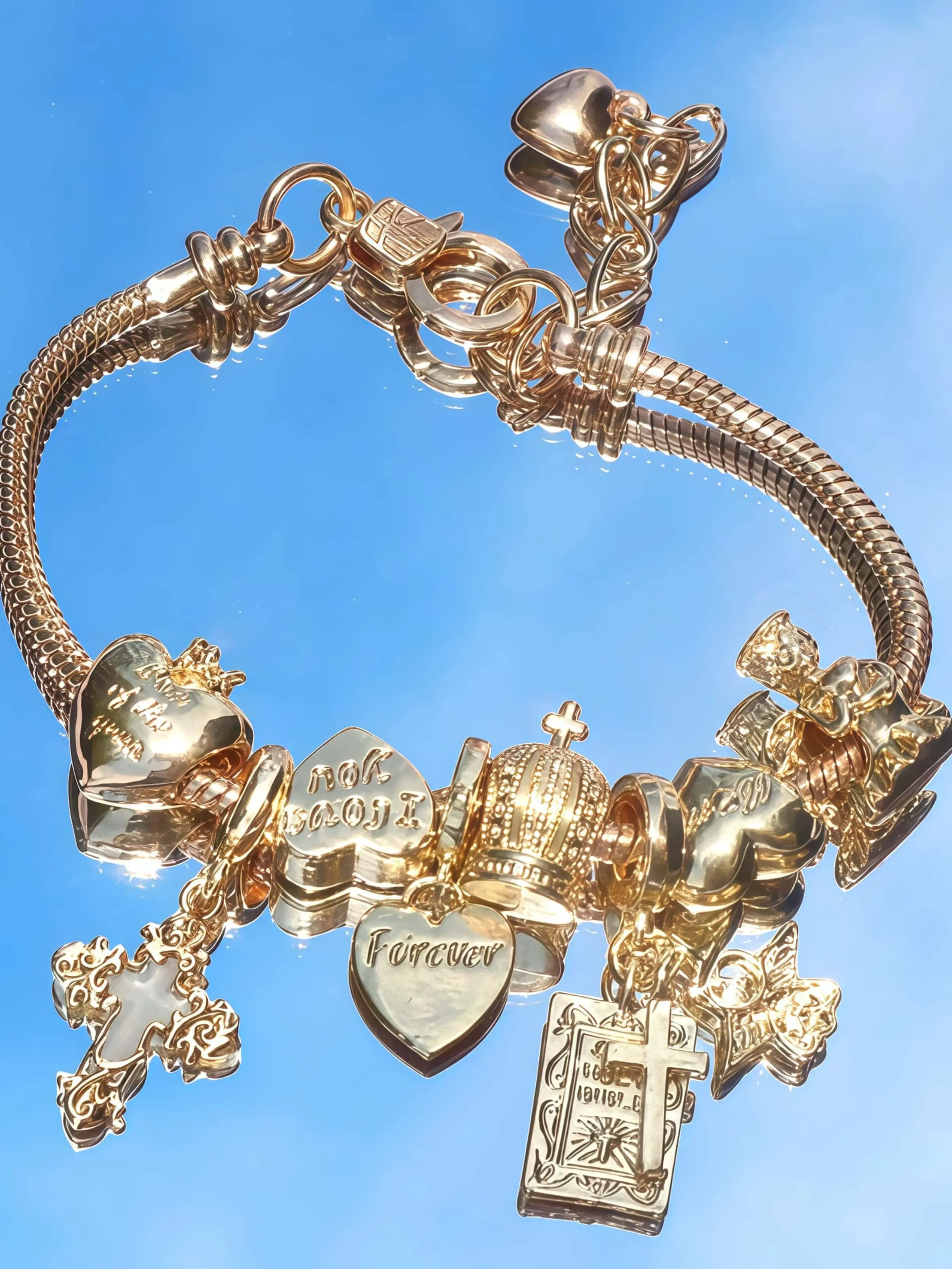 Attractive charm bracelet, lady's golden charm bracelet, cross-shaped Bible love heart crown angel pendant snake bone chain jewelry, personalized daily party accessory, retro street fashion, cross and heart charm, glowing diamond charm bracelet.