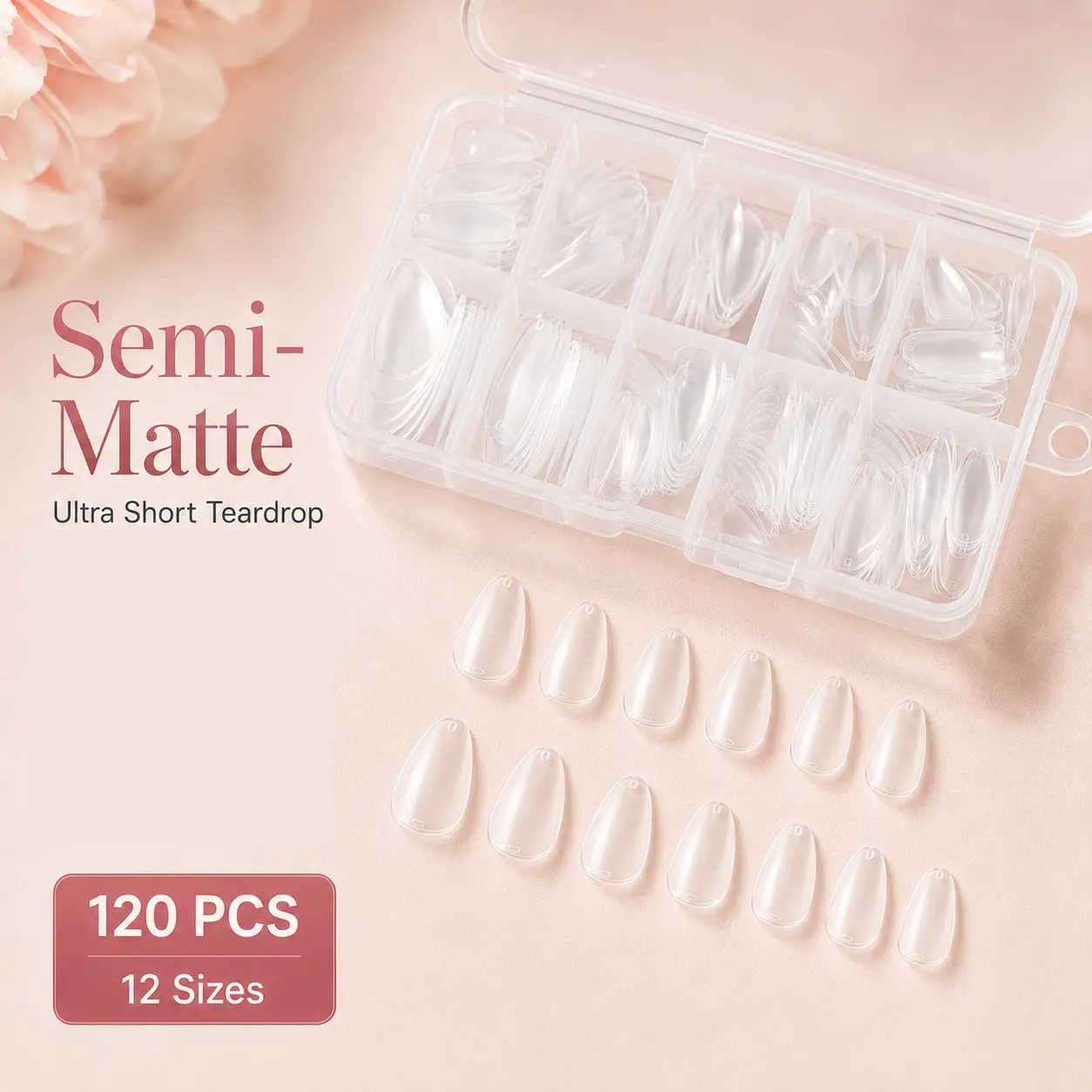 120PCS Soft Gel Nail Tips, Semi-Matte Ultra Short Teardrop Clear False Nails, 12 Sizes Full Cover Nail Extension Tips,costume