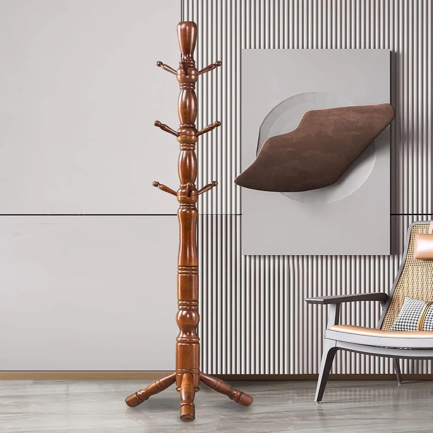 Coat Rack Hall Tree,  Triangle Base Coat Tree with 3 Height Options and 9 Hooks,  Coat Rack Freestanding for Hall Entryway, Bedroom and  Office (Walnut)