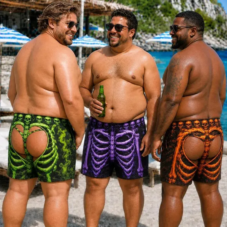Personalized Skeleton Rib Cage Swim Trunks, Cheeky Cutout Beach Shorts, Halloween Skull Board Shorts for Men, Funny Spooky Swimwear Gift #   Funny #   BeachShorts #   MenShorts