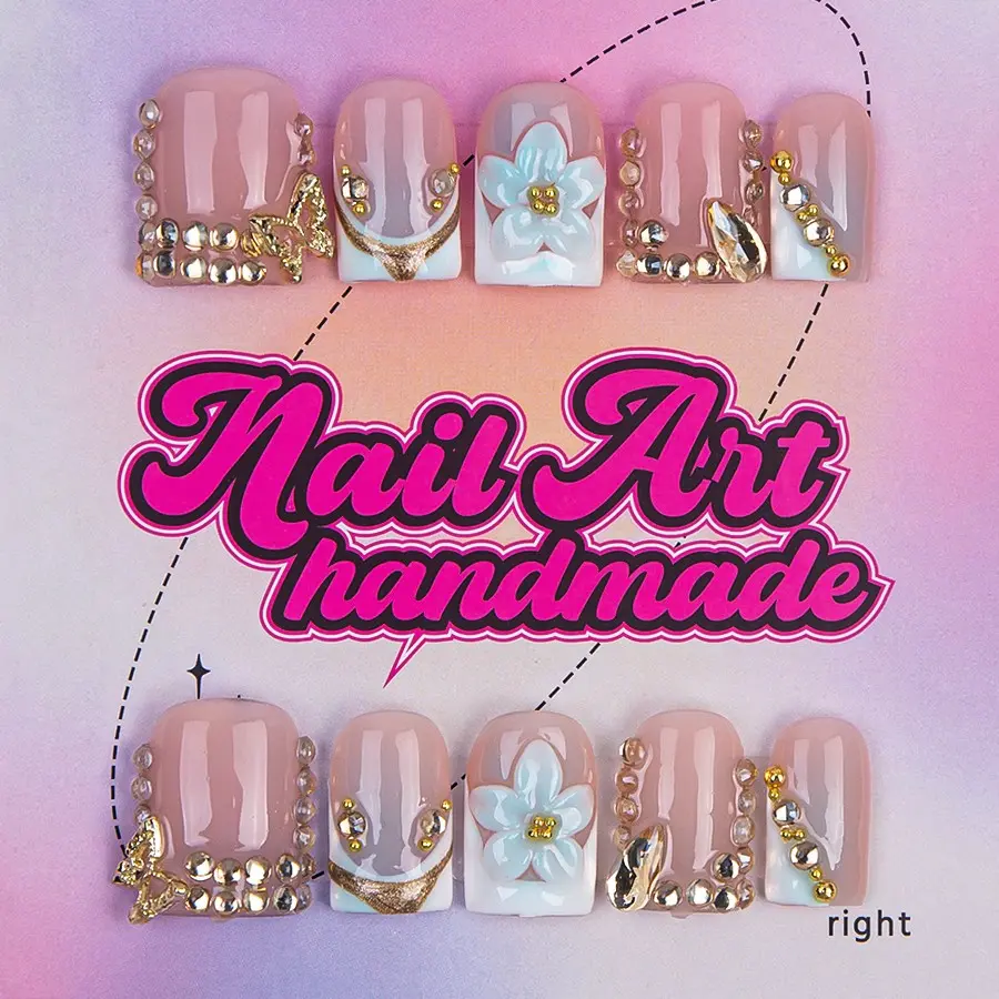Delicatething Y2K Style Handmade Press On Nail Art Designs Set, Handmade Design with 3D Gold Diamonds, Elegant Rhinestone Decorated, French Manicure, Perfect Gift for Women, Includes Jelly Glue and Crystal Rods