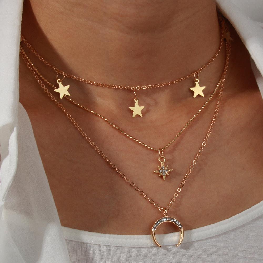 Gold Layered Star Moon Pendant Necklace for Women, Dainty Multi-Chain Necklace Set Gold Layered Star Moon Pendant Necklace for Women, Dainty Multi-Chain Necklace Set