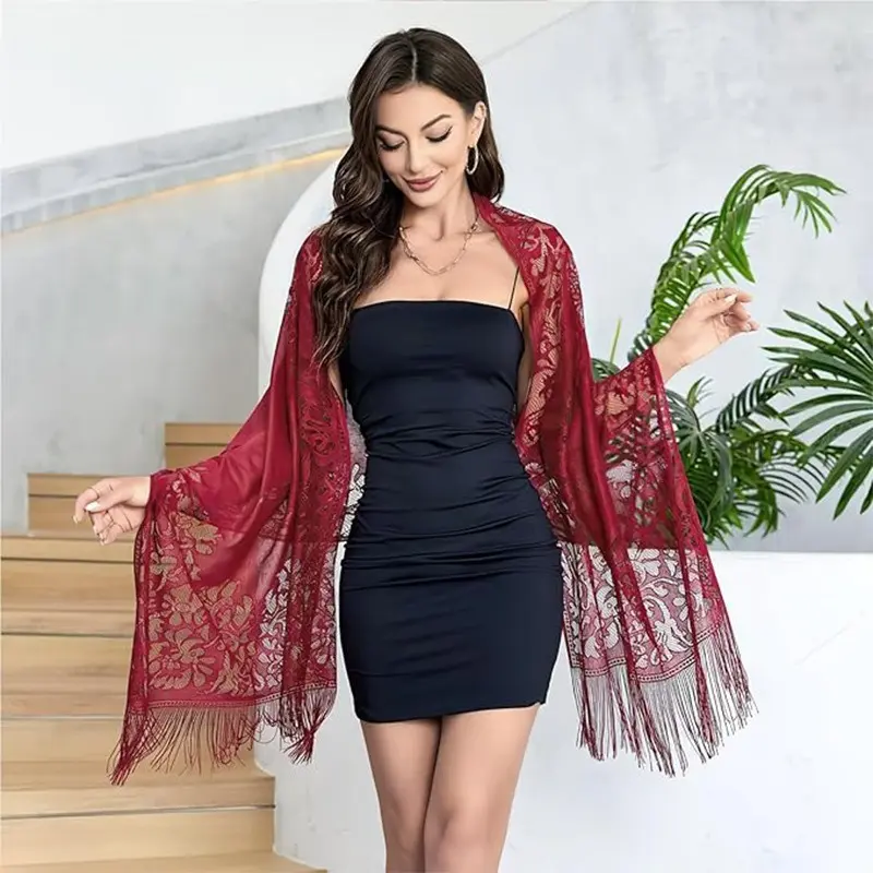Hollow Out Lace Shawl for Women, Bridal Wrap for Bride & Bridesmaid, Tassel Sheer Cover Up for Wedding Party & Dinner, Formal, Lightweight