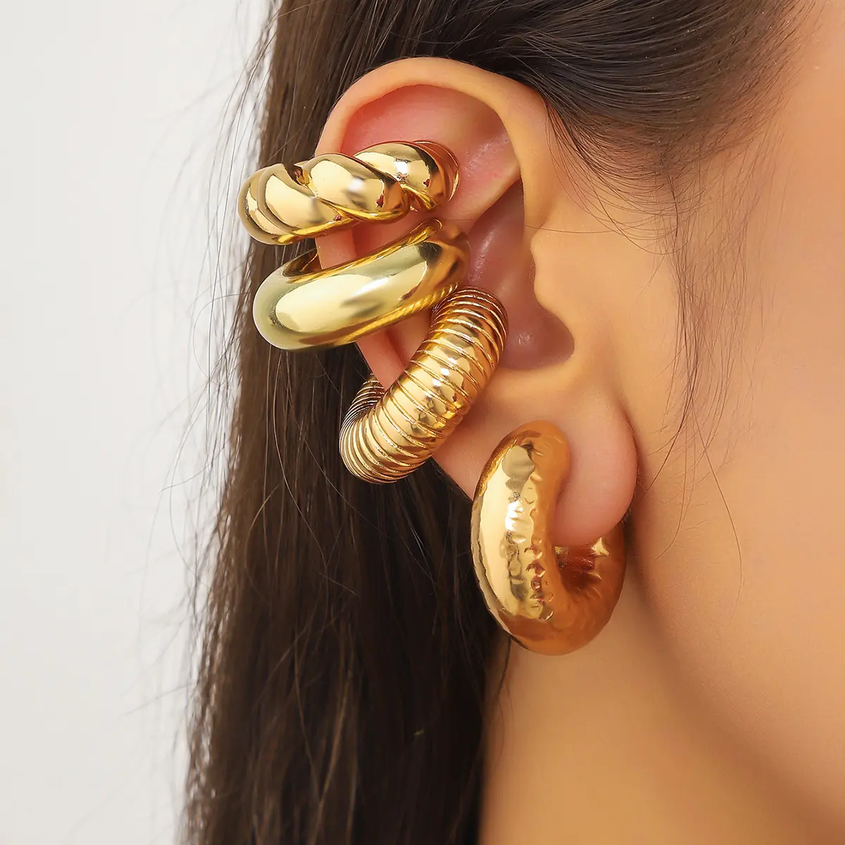 Women's 4-Piece Open C-Shaped Stainless Steel Hoop Earrings - Gloss Minimalist, Multi-Texture, Large Hoop Earrings Available in Gold and Silver Colors, Gloss Minimalist Earrings