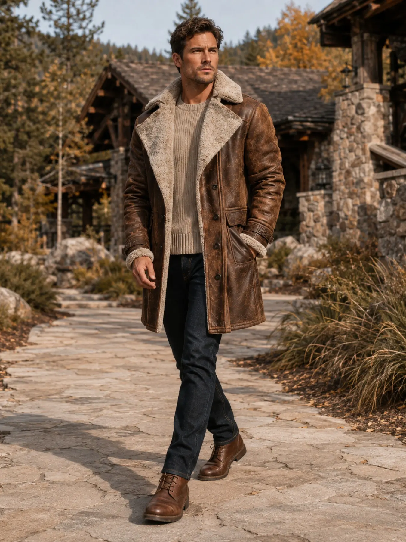 Winter Men's Coat, Vintage Patchwork Medium-Length Single Button Blazer, Stylish Unlined Outerwear for Cold Weather