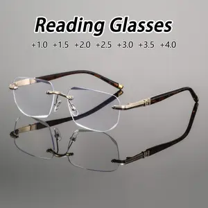Men's Metal Square Frameless Reading Glasses, Vintage Hong Kong Style Elegant Lightweight, Fashionable Old Readers for Daily Commute Business Receptions, Reading Eyeglasses