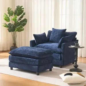 39.4" Oversized Accent Chair with Ottoman, Comfy Upholstered Armchair with Deep Seat, Overstuffed Lounge Chair for Living Room, Blue Chenille