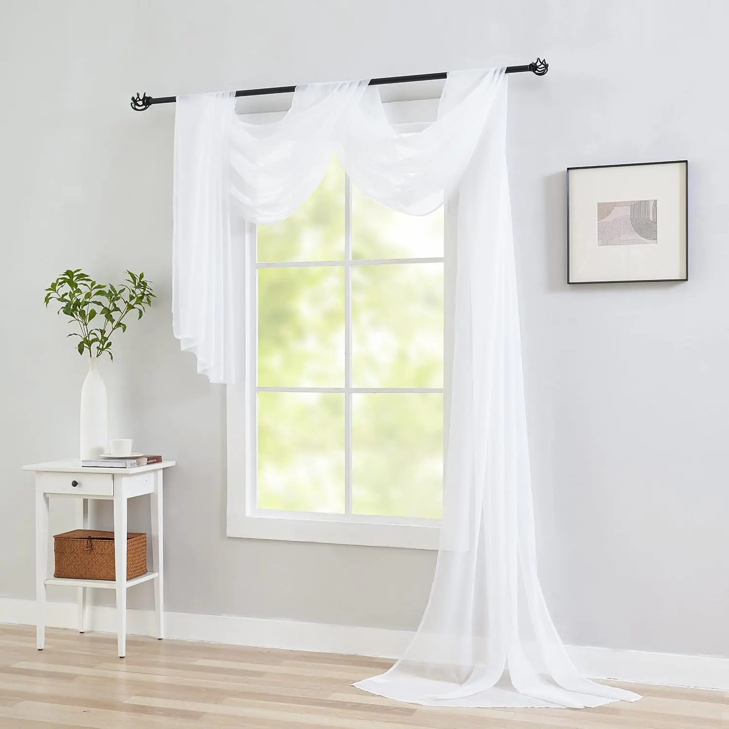 White Sheer Scarf Valance Curtains for Windows 144 Inches Long - Sheer Fabric for Draping Canopy Bed Curtain Scarf Wedding Arsh Table Runner for Living Room/Bedroom/Party Backdrop 1 Panel 34x144