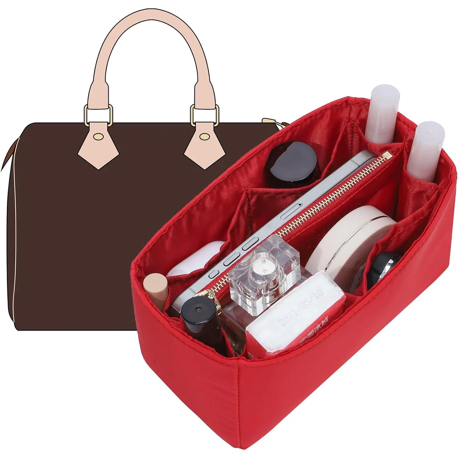 Nylon Purse Organizer Insert for  Speedy 20, Red | Lightweight Speedy 20 Organizer Insert with 11 Compartments, YKK Zipper Pocket, Protects Interior, Keeps Shape, Easy Clean