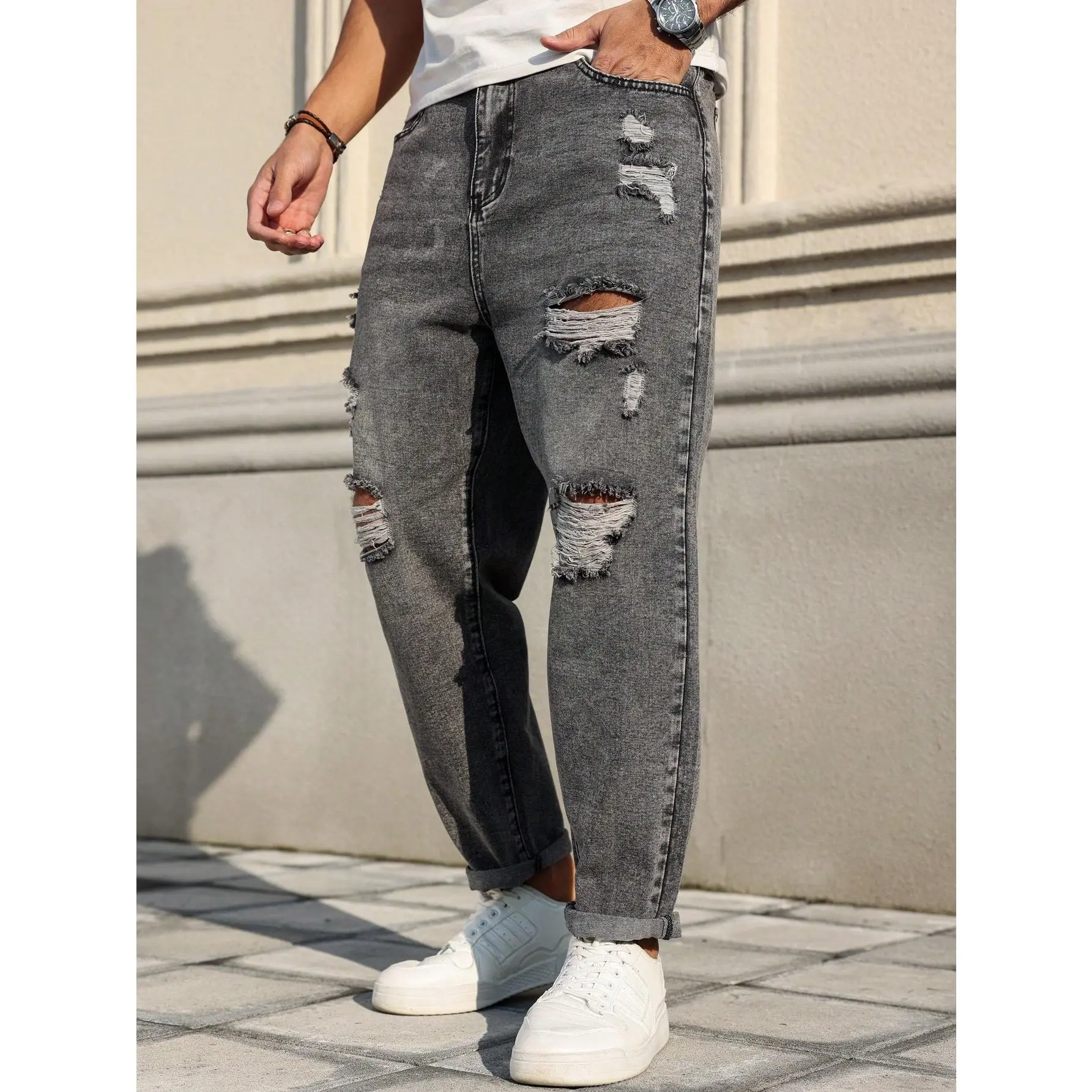 Men's Retro Grey Acid-Washed Ripped Multi-Layered Frayed Mid-Rise Loose Tapered 5-Pocket Soft Plain Cropped Denim Jeans - 90s Hip-Hop Streetwear Style, Casual Halloween Use, Hoodie & Loafers Match, Minimalist Menswear Bottoms, Buttons